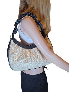 Valentina Fiore Selene Raffia Straw Leather Hobo Bag